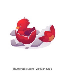 Fantasy magic cute red baby bird just hatched from an egg. Phoenix fire newborn bird vector flat illustration. Fairy tale mythical creature. Ancient legend mythology beast isolated on white background