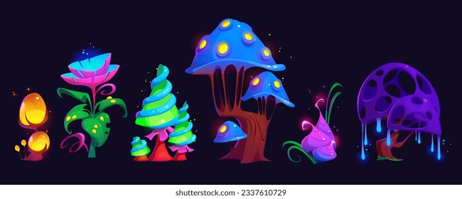 Fantasy magic forest mushroom and tree game vector set. Fairy tale alien planet world clipart with psychedelic element and neon glow. Mystery and fantastic fluorescent vibrant plant asset collection