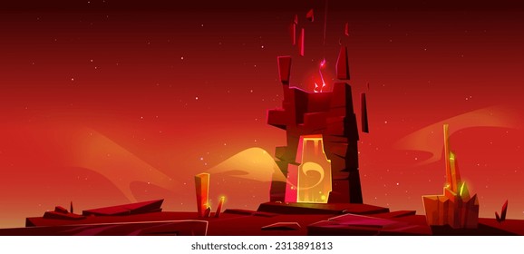 Fantasy magic game portal cartoon red landscape. Futuristic and fantastic door on cliff to inferno planet vector scene illustration. Infernal cosmic ground and star in sky. Aura effect in hell gate.