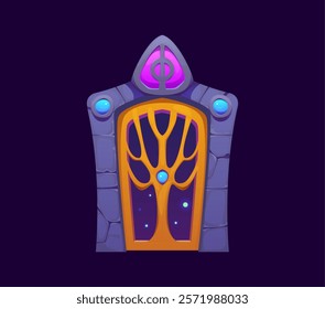 Fantasy magic gate door portal, game asset. Fairy entrance with stone arch and wooden doors mobile videogame environment isolated vector asset. Game level magic gate with precious gems