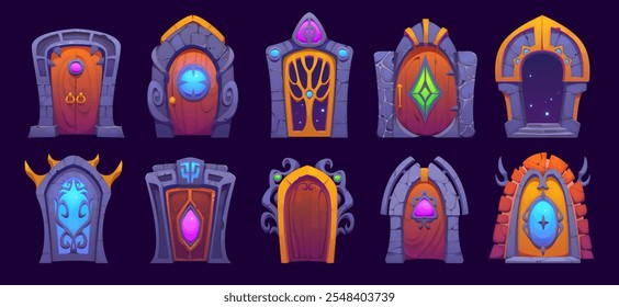 Portales de puerta mágica de fantasía, activo de juego. Puertas mágicas de dibujos animados de Vector, portales y arcos de piedra con marcos de puertas futuristas y vórtice de luz mágica. Universo alienígena, espacio o mundo paralelo de entrada