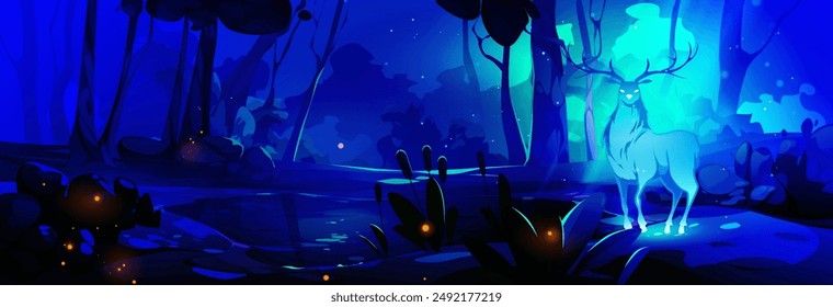 Fantasy magic glowing deer in dark night forest on shore of lake with fireflies, trees and reed under moonlight. Cartoon vector illustration of fairytale dream blue spirit or protector animal.