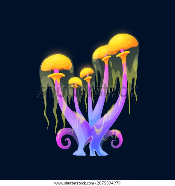 Fantasy magic jelly mushroom, flickering\
psychedelic vector fungus with purple stipe, curve pink outgrowths\
and yellow glowing caps with dripping green goo. Unusual fairy tale\
or alien planet plant