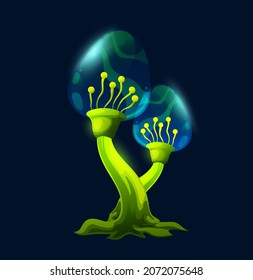 Fantasy magic jelly mushroom, strange toadstool with transparent egg shaped cap and green glow stipe. Vector unusual fungi with bulb hats. Natural element for fairy tale or game, cartoon alien plant