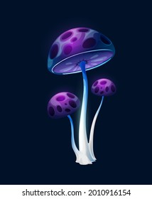 Fantasy magic long purple blue mushrooms. Vector alien forest game ui and gui element design. Fairy plant or fantastic fungus with glowing stems and caps with holes, fantasy magic mushroom