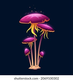 Fantasía magia luminosa hongo o taburete, hongo venenoso vectorial. Salto venenoso de hongos o brujas con gotas de lima de ácido violeta luminoso, amanita grebe psicodélico