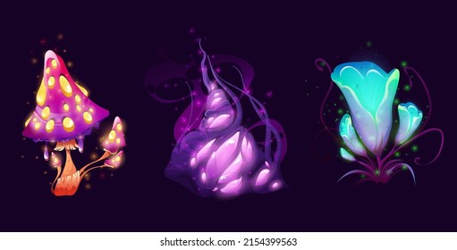 Fantasy magic mushroom, flower and grass. Vector cartoon set of fantastic plants and fungus from alien world. Fairy tale fly agaric, beautiful flower and scary unusual purple plant