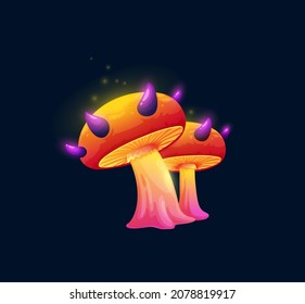 Fantasy Magic Mushroom With Purple Thorns. Alien Planet Extraterrestrial Or Fairytale Mystical Fungi Cartoon Vector GUI Icon. Luminous Mushroom With Vibrant Orange, Glowing Cap And Spikes