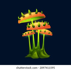 Fantasy magic mushroom with thorns on cap. Vector fungi of unusual shape with green spikes, thin stipe and bright glowing hats. Natural element for fairy tale ui game interface, cartoon alien plant