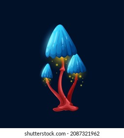 Fantasy magic mushroom with umbrella cap, fairy toxic toadstool, vector cartoon icon. Luminous fairy tale mushroom amanita with acid or neon blue caps and poisonous golden spores or liquid drips