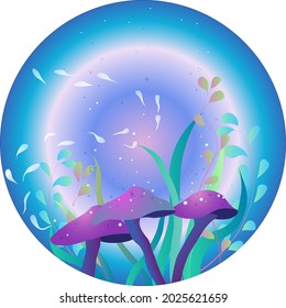 Fantasy Magic mushrooms in a magical forest of fairy elves. And the shining rays of the moon in the night. Round fabulous background.