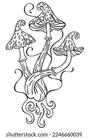 Fantasy Magic mushrooms. Psychedelic hallucination. Magical potion ingredients. 60s hippie art. Witchy tattoos. Esoteric clipart. Outline vector illustration isolated on white. 