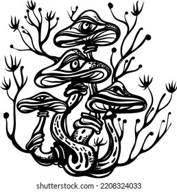 Fantasy Magic Mushrooms Strange Fairy Tale Vector drawing of black and white graphics
