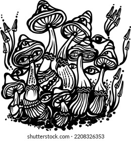Fantasy Magic Mushrooms Strange Fairy Tale Vector drawing of black and white graphics