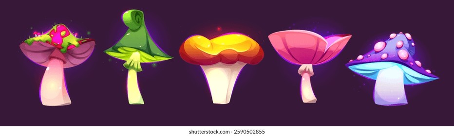 Fantasy magic neon glowing mushroom collection - spotted pink toadstool, curled green cap, luminous orange fungus, rosy cap, purple dotted variety. Mystical forest elements for enchanted game design.