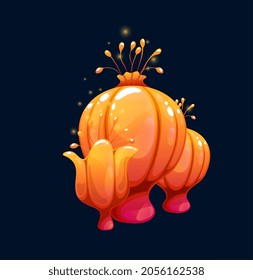 Fantasy magic orange plump mushrooms of vector fairy forest or alien space planet nature. Cartoon fungi plants in shape of fantastic flower with shining stamens and flying sparkles of spore