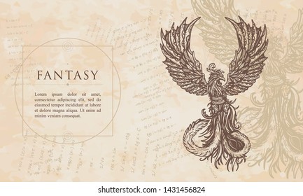 Fantasy. Magic phoenix birds. Symbol of revival, regeneration, life and death. Renaissance background. Medieval manuscript, engraving art 