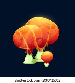 Fantasy magic plump red mushroom, vector strange fungus with bulb cap and gooey stretches. Unusual fairy tale ui game asset with orange luminous hat. Natural gui interface element, cartoon alien plant