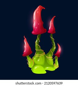 Fantasy magic poisonous red mushroom. Magic organism, cartoon vector luminous fungi GUI icon. Fantasy, alien planet mushroom, flora or fauna organism colony with conical red capes and green studs