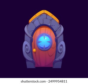 Fantasy magic portal gate door, witchcraft game asset. Cartoon vector wooden doorway framed by grey stone carvings with a bright blue, glowing gem in the center, exuding an aura of magic and mystery