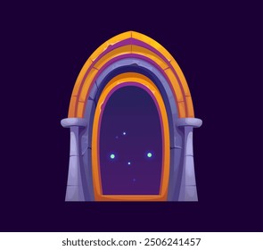 Fantasy magic portal gate door, witchcraft game asset. Cartoon vector enchanting arched stone frame, glowing with a mystical purple aura and blue sparks. Otherworldly entrance for magical transitions