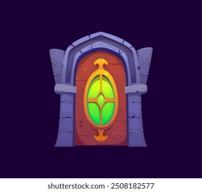 Portal mágico de fantasia porta de portão, feitiçaria jogo ativo. Vetor de desenhos animados moldura de entrada de madeira com uma decoração elegante e dourada em torno da janela de vidro manchado verde oval, entrada para um reino místico