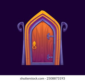 Fantasy magic portal gate door, witchcraft game asset. Cartoon vector fantastical wooden doorway frame with ornate metalwork hinges and a golden door knocker. Vintage medieval mysterious wood entry