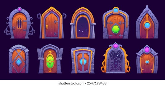 Puerta de portal mágico de fantasía, activo de juego de brujería, marcos de puerta. Conjunto de Vector de dibujos animados de magos gui de cuento de hadas teletransporta o arcos de entrada al mundo paralelo. Antiguas puertas de castillo de madera medieval