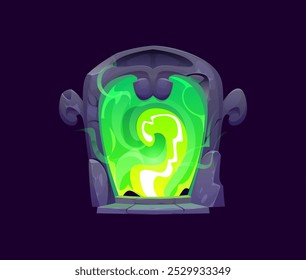 Fantasy magic portal with glowing green energy and stone arch. Mysterious door game asset. Cartoon vector archway with swirling light evoke feelings of mystery, adventure, and otherworldly realms