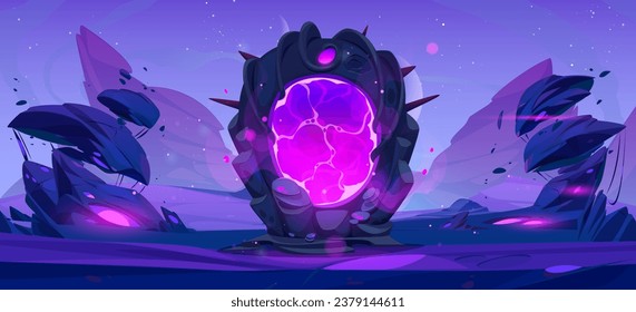 Fantasy magic portal. Space game gate on planet landscape background. Purple mystic teleport door hole frame to futuristic world. Pink neon plasma entrance through boulder aura vfx concept scene