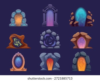 Portales mágicos de fantasía. Puertas de juego brillantes, teletransportes con arcos de piedras. Entradas futuristas para alienígenas, en otros mundos o dimensiones sapid conjunto de Vectores