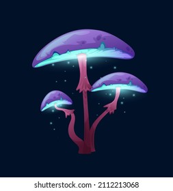 Fantasy magic purple cap mushroom. Fairytale, alien planet flora or fauna or cartoon vector organism GUI element. Luminous, extraterrestrial plant or mushroom with glowing and falling spores