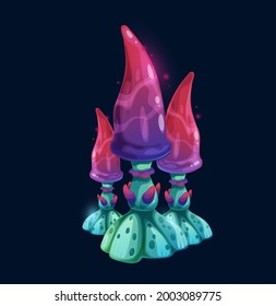 Fantasy magic purple flickering mushroom, vector alien fungus or unusual natural element for fairy tale or computer game interface isolated on black background. Cartoon beautiful strange glowing plant