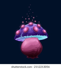 Fantasy magic purple mushroom with growth, toxic toadstool, cartoon vector icon. Luminous fairy tale magic mushroom or amanita fungi with acid blue cap and purple poisonous warts