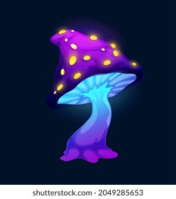 Fantasy magic purple mushroom with yellow growths, vector cartoon icon. Toxic luminous mushroom from fairy tale or fantasy, amanita with acid yellow poisonous liquid drips in neon light