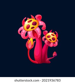 Fantasía magia de setas de flores rojas, caricatura de hadas. Vector inusual hongos con pétalos rizados y brotes sobre puntas. Elemento de cuento de hadas para la interfaz de ui, flora extraterrestre, planta de hongos alucinógenos