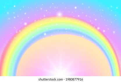 Fantasy magic sky background with rainbow and sparkling stars. Vector illustration, background for children.