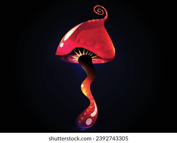 Fantasy magic spiral red mushroom. Vector alien forest game ui and gui element design. Fairy plant or fantastic fungus with glowing stems and caps with holes, fantasy magic mushroom