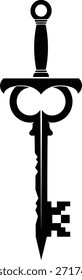 Fantasy Magic Sword Key Graphic Silhouette. Antikes mittelalterliches Waffen- und Sicherheitssymbol. Vintage Mystery Power Emblem. Vektorgrafik