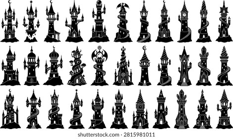 Fantasy magic towers vector bundle featuring medieval wizard castles witch fortresses and gothic spires in black silhouette stencil style.
