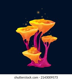 Fantasy magic toxic yellow mushroom with sparkles. Vector luminous fungus with odd spiral glowing cap. Unusual fairy tale ui game asset with bright glow hat. Natural gui element, cartoon odd plant