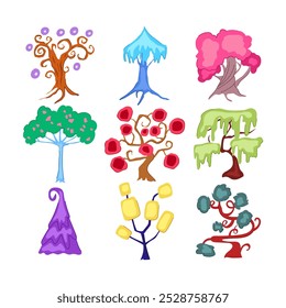 Árbol mágico de fantasía conjunto de dibujos animados. brillante sagrado, majestuoso legendario, secreto hechizado árbol mágico de fantasía signo. símbolo aislado Ilustración vectorial