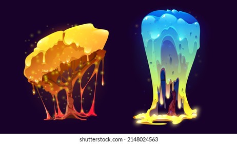 Fantasy magic trees with dripping shiny slime. Vector cartoon fantastic unusual plants with sticky flowing foliage. Golden and blue fantastic trees from alien forest isolated on black background