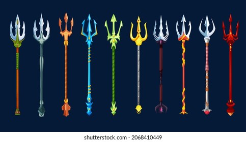 Fantasy magic tridents game weapon asset. Poseidon god, gladiator warrior, devil or demon golden, silver and red pitchfork weapon cartoon vector GUI icons. Fairytale spear or magic lance artifact set