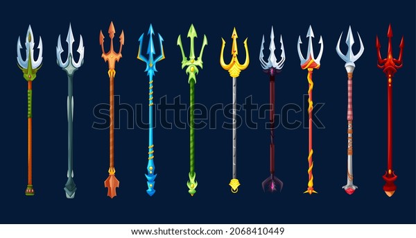 Fantasy magic tridents game weapon asset. Poseidon\
god, gladiator warrior, devil or demon golden, silver and red\
pitchfork weapon cartoon vector GUI icons. Fairytale spear or magic\
lance artifact set