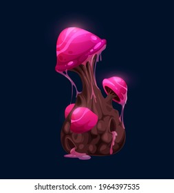 Fantasy magic twinkling pink mushroom. Cartoon vector fairytale fungus or alien planet live form, luminescent glowing, fantastic pink mushrooms covered slime, poisonous, radioactive or toxic fungi