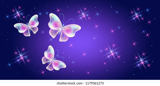 Fantasy magical background with cosmic sparkle stars and fabulous butterflies