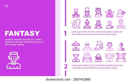 Fantasy And Magical Character Landing Web Page Header Banner Template Vector. Zombie And Ghost, Angel And King, Burning And And Frankeinstein, Mummy And Vampire, Fairy And Steampunk Illustration