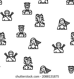Fantasy And Magical Character Vector Seamless Pattern Thin Line Illustration