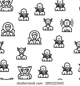 Fantasy And Magical Character Vector Seamless Pattern Thin Line Illustration